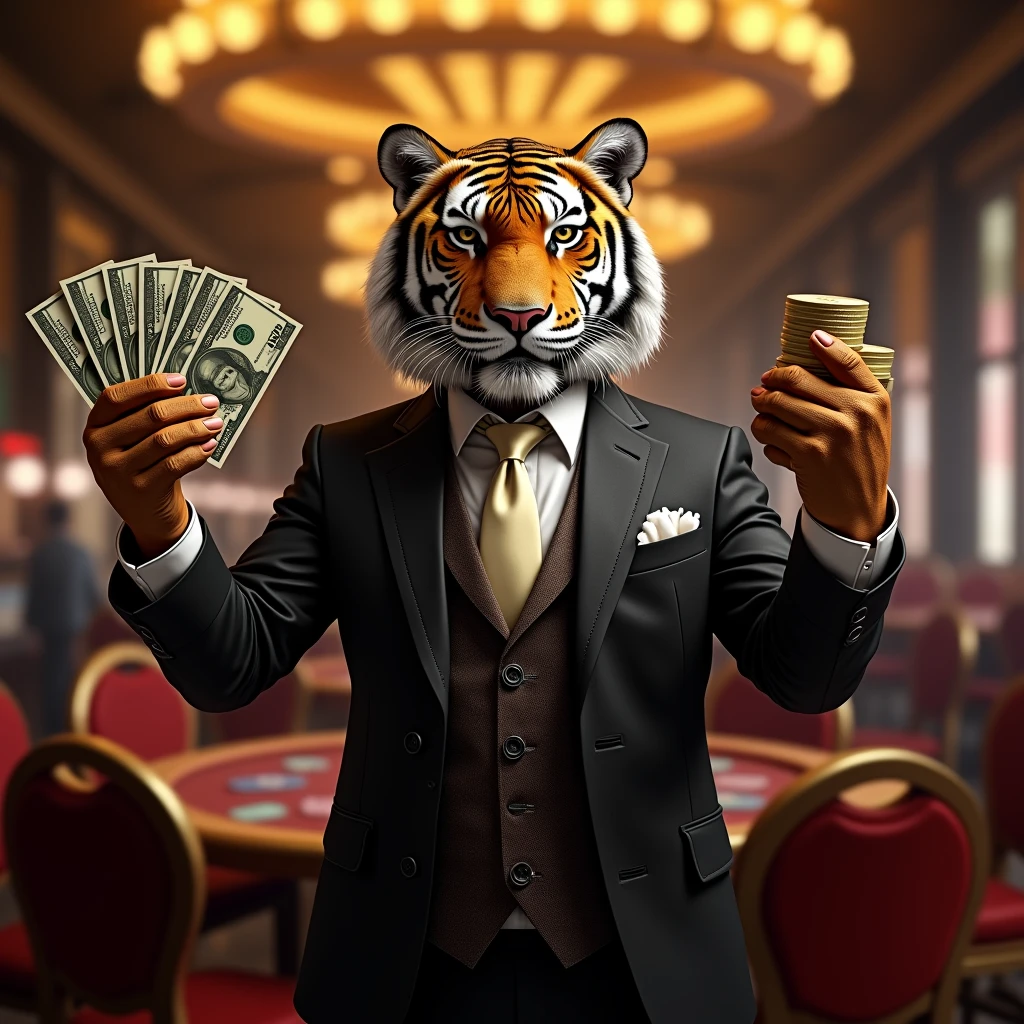Create a tiger in a suit looking like a casino owner, offering casino tokens in one hand and banknotes in the other, The image must be on the front and bring it closer to the screen