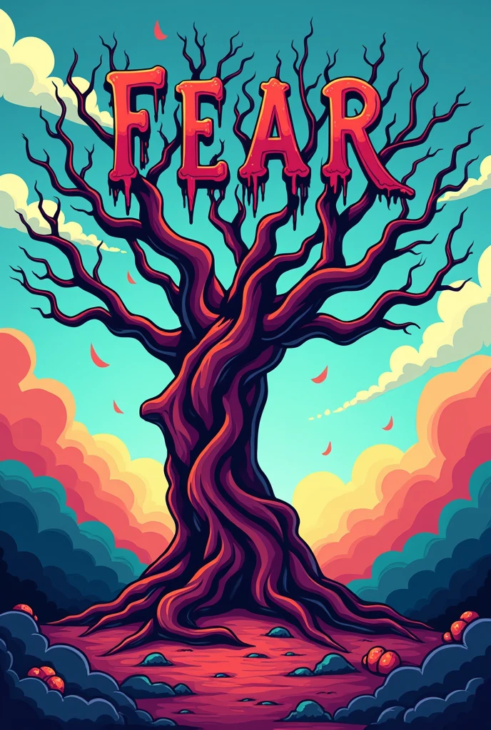 a logo including a dead tree with the word fear intricate in the branchs, cartoon style, colorful