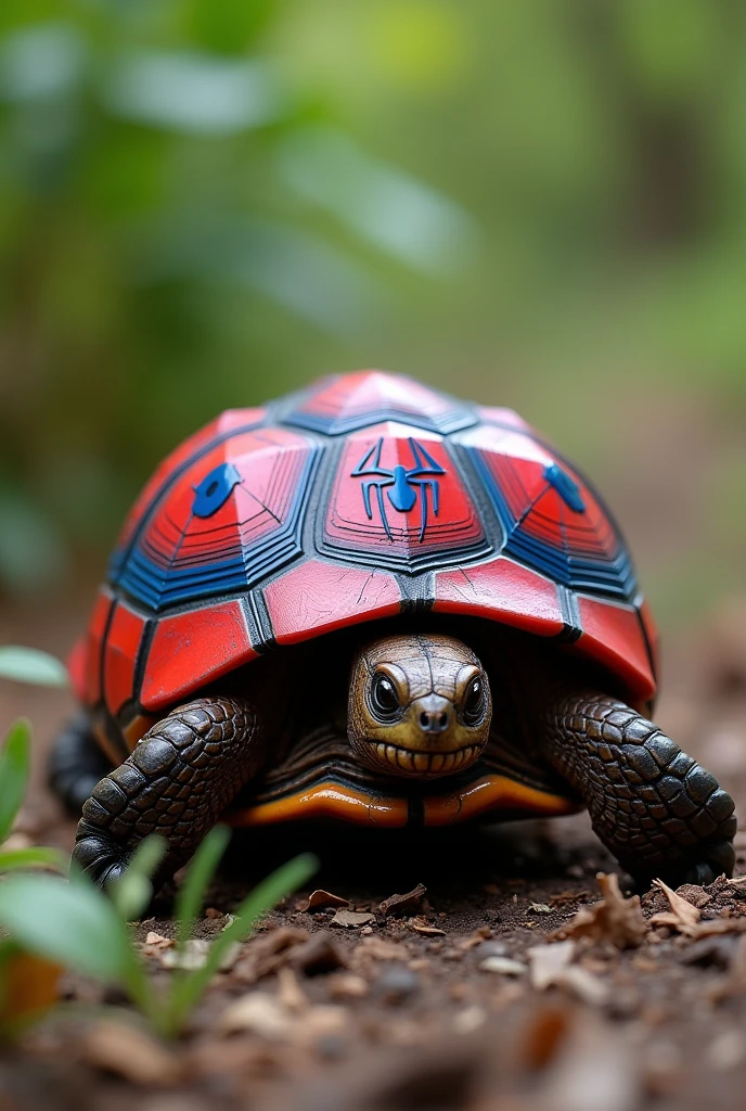 Dans l'image réelle, une tortue porte une carapace Spider-Man.