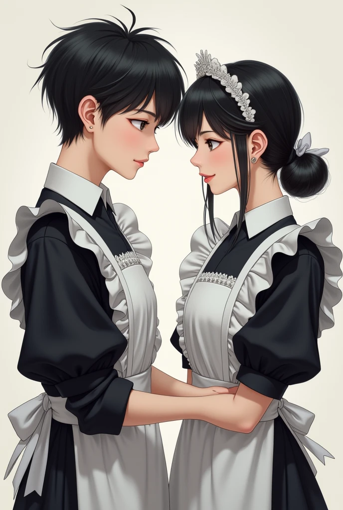 Asian man between 20 and 2 with white skin and black hair wearing a maid outfit with an Asian girl with white skin and black hair also wearing a maid outfit, totally human