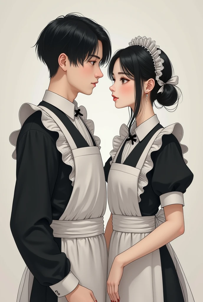 Asian man between 20 and 2 with white skin and black hair wearing a maid outfit with an Asian girl with white skin and black hair also wearing a maid outfit, totally human