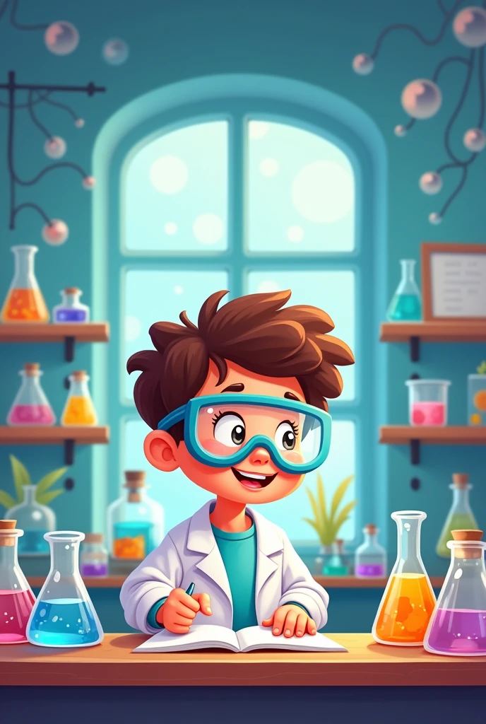 Cover for notebook scientific thinking design , cheered up. Child in laboratory