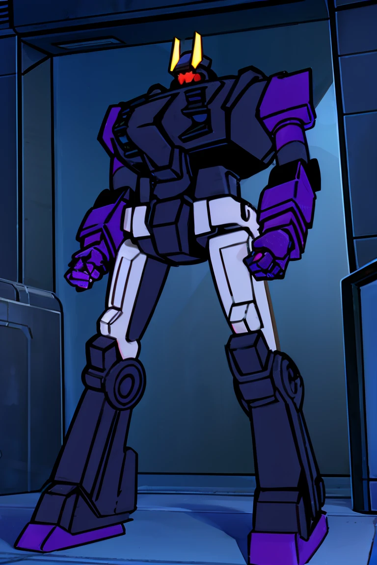 High quality, big robot, big claws for hands, dark blue armor, one red eye, red lighting, dark purple armor, Full body, big arms, thin legs.