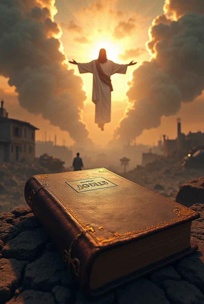 Create a book cover with a bible and in the background the world in the apocalypse with Jesus returning in the clouds , everything realistic
