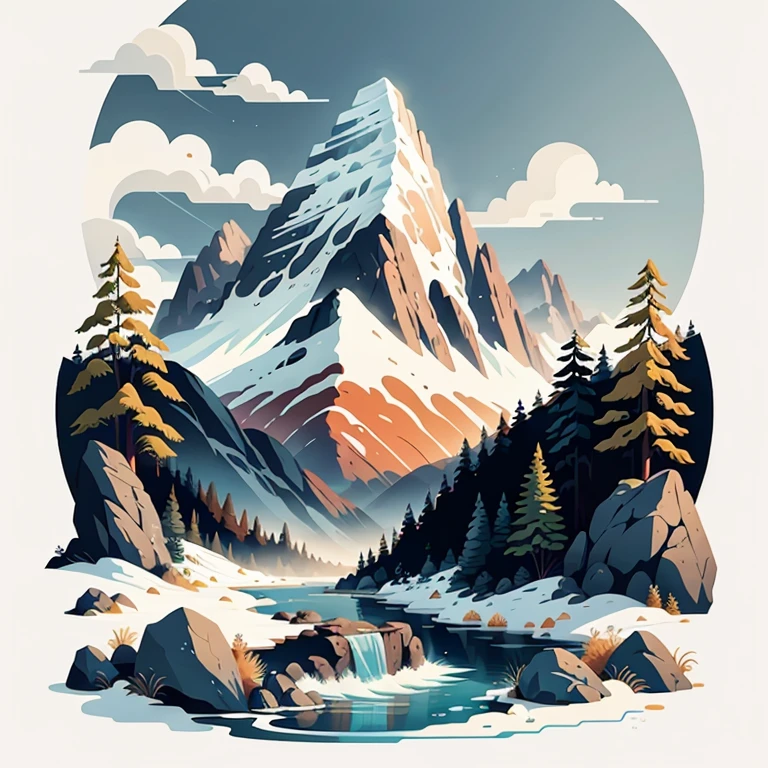impressive painting of a mountain with trees and water, a detailed painting by Petros Afshar, shutterstock contest winner, environmental art, detailed painting, outlined art, 2d game art, isolated background for logo, strong contours, logo design