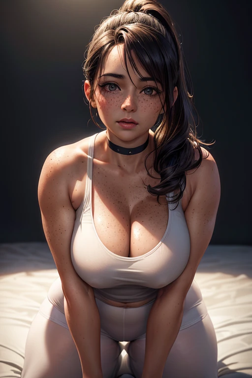 a woman in her late 30s, chubby physique, long straight dark brown hair, high ponytail, freckles, flushed cheeks, wearing a choker, large breasts, curvy figure, fitted sheet white tank top (braless), small purple lycra shorts, white pantyhose, (best quality,4k,8k,highres,masterpiece:1.2),ultra-detailed,(realistic,photorealistic,photo-realistic:1.37),detailed portrait, cinematic lighting, natural skin texture, intricate details, dramatic colors, moody atmosphere, on all fours