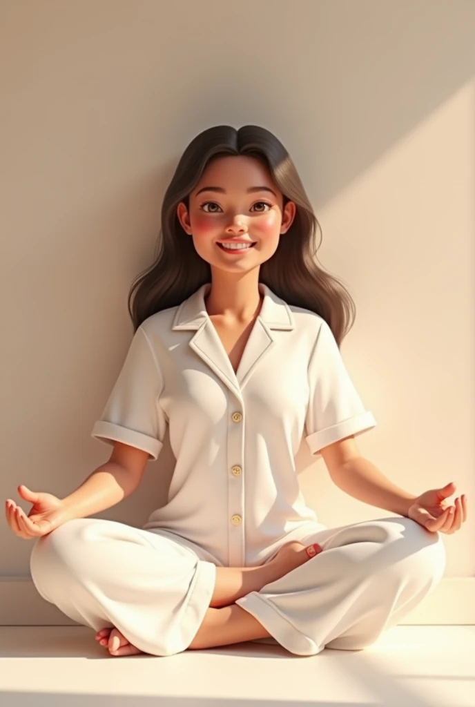 Cheerful Happy Inviting Avatar of Brazilian Meditation School Brand wearing white with subtle red accents