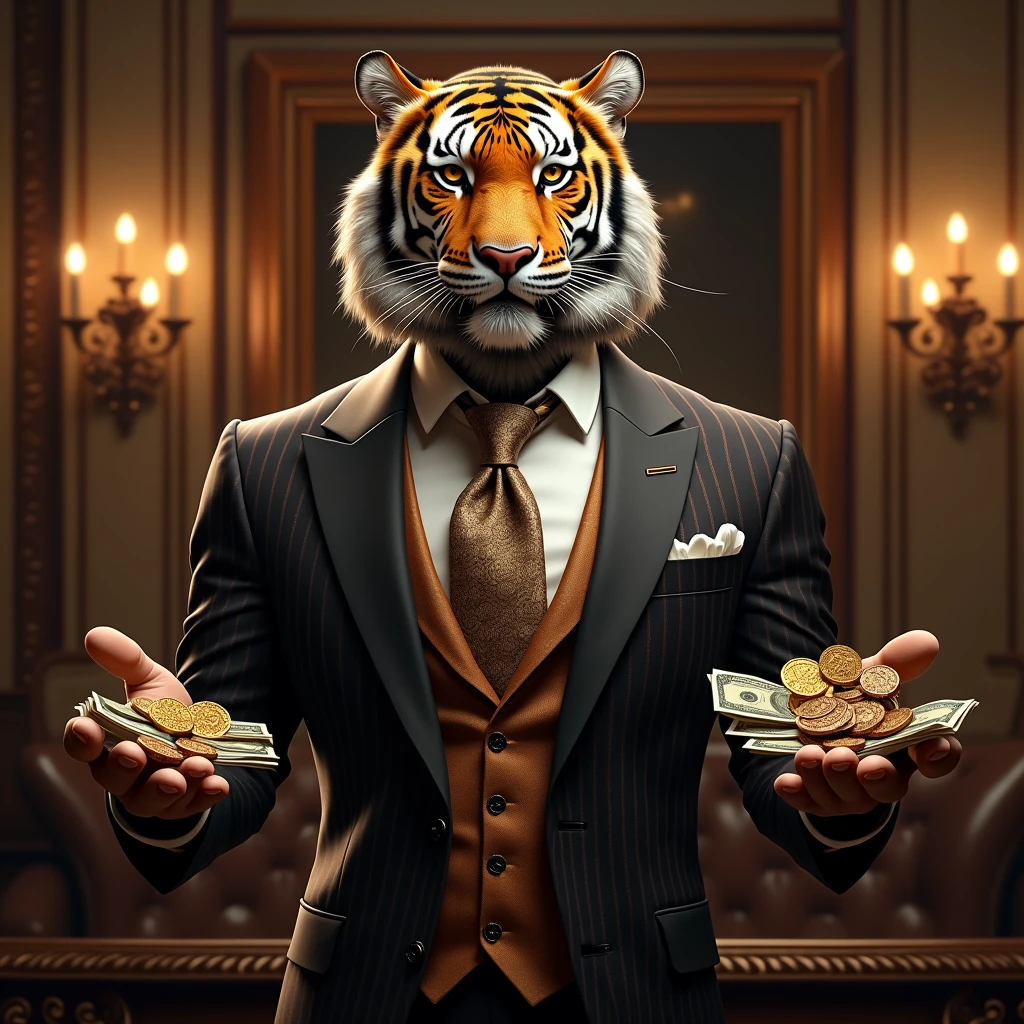 Create a tiger in a suit looking like a casino owner, offering casino tokens in one hand and banknotes in the other, The image must be on the front and bring it closer to the screen