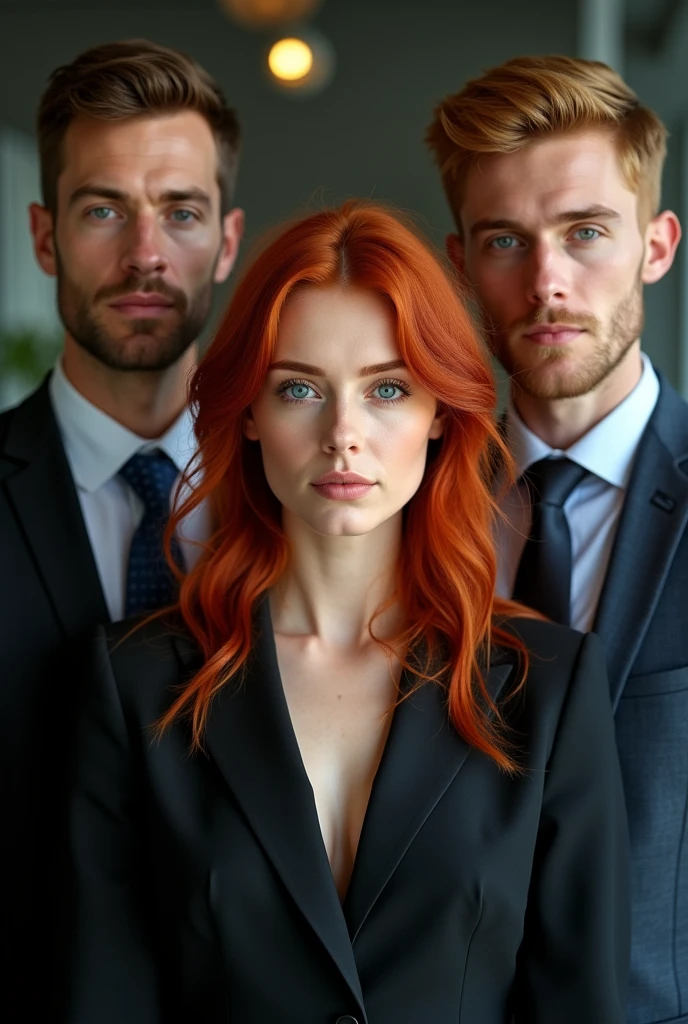 posing in the office, 30 year old redhead, making a gesture , large blue eyes, high cheeks, well defined jawline, big eyebrows , (ashen hair) . sexy look, (just face), (full body photo ), 4K, detailded, and two men at his side, they are 2, man 1 has brown hair and man 2 has blond hair, both fair skin, man 1 has brown eyes man 2 has green eyes, man 1 is wearing a white dress shirt and black pants man 2 is wearing a blue shirt