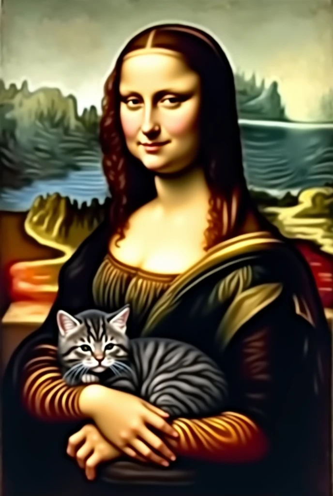 Mona Lisa, with long haired gray tabby cat, black and brown on lap in 4k
