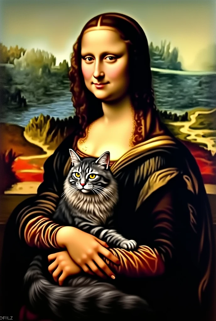 Mona Lisa, with long haired gray tabby cat, black and brown on lap in 4k
