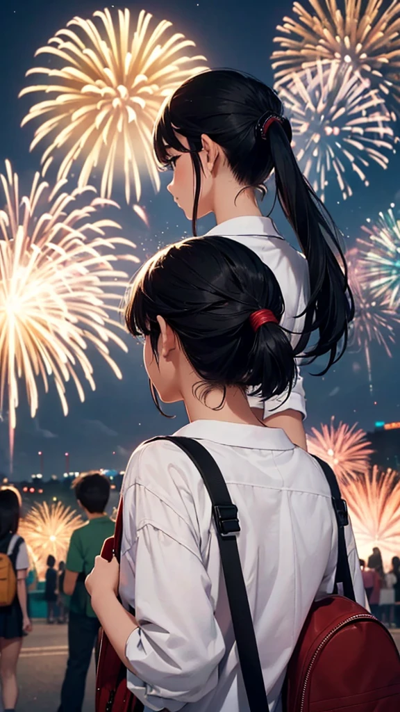 High resolution Fireworks going off behind the school High school girl looking up at fireworks 1 person Black Hair ponytail Carrying a school bag over your shoulder Watching from the park high quality Composition with fireworks as the main focus whole body