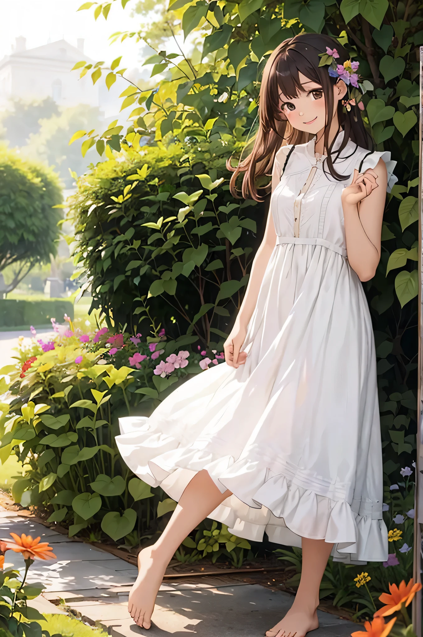 A young woman named Hina, wearing a light and flowy floral summer dress with a soft pastel color palette, standing in a sunlit garden. Her dress has a delicate lace trim and is sleeveless, perfect for a warm summer day. Her hair is styled in a loose, romantic side braid with a few strands softly framing her face, giving her a relaxed yet elegant look. She is barefoot, standing on the grass, holding the hem of her dress slightly with one hand as she twirls gently, creating a sense of motion and carefree joy. Her other hand lightly touches a flower in the garden, and she smiles softly, exuding a warm, inviting aura. The background is filled with lush greenery and colorful flowers, enhancing the serene, summery atmosphere.”