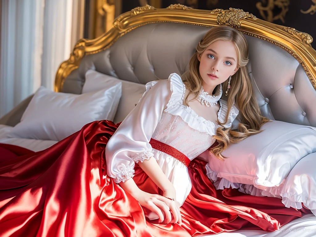 ,highest quality, masterpiece, highest resolution, artwork, , 3k realistic pictures,,(( girls)),Ultra-detailed juvenile face,three are princesses,full length ball gown dress with hoop skirt,ruffled yoke collar,puff sleeves,long sleeve,((Lolita style detailed red princess satin dress with lots of ruffles and ribbons)),Rococo style lolita fashion,shiny satin dress,Soft and smooth fabric,luxury,long blonde hair,blue eyes,white skin european,Pajama,((in the bedroom)),luxury princess canopy frilled bed,super detailed silk satin bed,lot of frilled pillows,they are lying on the bed,High-quality background,