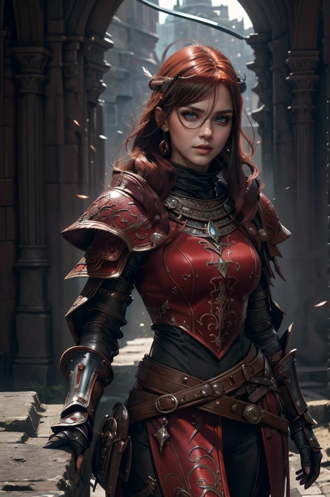 a close up of a woman in a costume with a sword, redhead queen in heavy red armor, a very beautiful berserker woman, female redhead templar, dungeons and dragons character, barbarian woman, north female warrior, shallan davar, very beautiful female barbarian, north adult female warrior, portrait of a barbarian woman, barbarian warrior woman, d & d fantasy character,cereza, 1girl, solo, glasses, blue eyes, gloves, ribbon, (bodysuit:1.2), (face focus:1.5), feathers, mole under mouth, future city background, (realistic:1.2), (realism), (masterpiece:1.2), (best quality), (ultra detailed), (8k), (intricate), (85mm), light particles, lighting, (highly detailed:1.2), (detailed face:1.2), (gradients), sfw, colorful, (detailed eyes:1.5), (detailed background), (rule of third_composition:1.3), (Line of action:1.2), beautiful face, highly detailed face, highly detailed skin, skin pores, subsurface scattering, (realistic), full face blush, full lips, detailed background, depth of field, volumetric lighting, sharp focus, absurdres, realistic proportions, good anatomy, (realistic, hyperrealistic:1.4), 16k hdr,"Describe the facade of a woman who presents herself as malevolent but harbors hidden vulnerabilities. What lies beneath the mask of evil, and is redemption possible? big green eyes red and black outfit,
