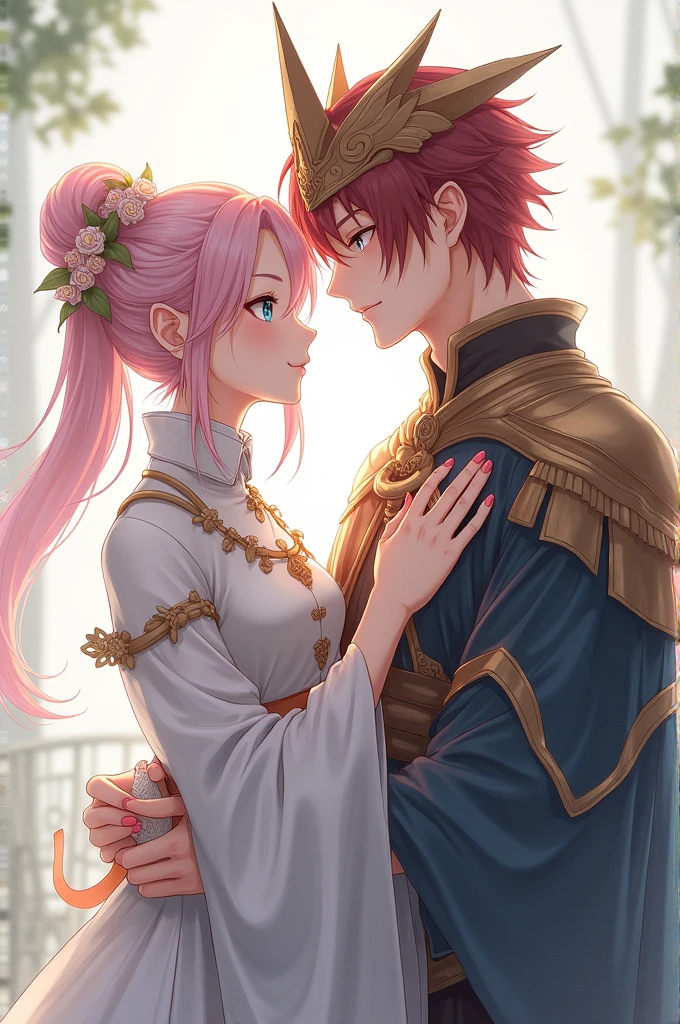 Sangonomiya Kokomi and Cyno stand close, their usual stoic and serene expressions softened by the warmth of newfound love. Kokomi’s ethereal beauty is heightened by the gentle sparkle in her soft blue eyes, which now carry a tender affection as she gazes at Cyno. Her pastel pink hair flows gently, swaying as if drawn towards him, and her regal outfit, adorned with delicate oceanic motifs, seems to glow with softer, more pastel colors, reflecting the tenderness of her feelings. She stands angled towards Cyno, one hand delicately resting on his arm while the other holds a small seashell, a personal gift, as a subtle smile graces her lips.
Cyno, usually intense and stoic, now wears a rare, gentle smile as his deep crimson eyes convey a newfound warmth. His posture, typically strong and commanding, is now relaxed and protective as he stands close to Kokomi, one arm wrapped around her waist in a tender embrace. His other hand gently holds hers, their connection evident in the way they touch. The warrior-like elements of his attire are softened, the golden accents glowing with the warmth of his emotions. His cape drapes gently around Kokomi, symbolizing his desire to protect and cherish her, while his headpiece is tilted slightly back, revealing more of his face and the vulnerability he shows only to her. Together, they create a striking image of two powerful individuals finding a deep, emotional connection, their love subtly transforming their once independent and strong appearances into a harmonious blend of strength and tenderness.