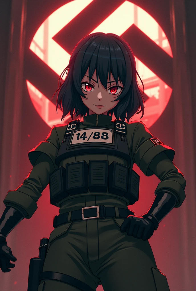 Anime girl militaire avec un patch 14/88 écrit en gros sur son gilet par balle , elle à le bras droit tendu avec une énorme croix gamme derrière elle 