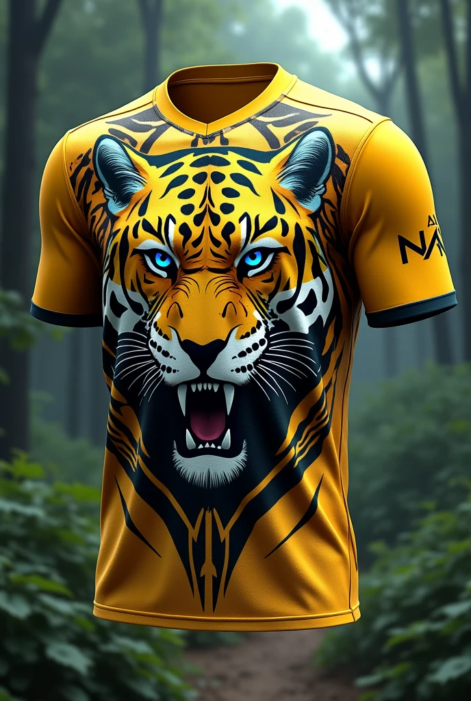 Make me a 3d design shirt front and back team name is jaguar Put the number horizontal and make the jaguar a cyborg and make a forest more realistic and put some patches on the eye of the jaguar use color yellow and make front and back pov use surname supapo 