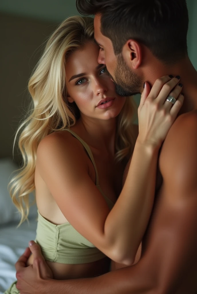 Magnificent detail, 8K Photos, hyper- realism, realistic background, visual depth, wide angle lens, professional light, all-body. boudoir shoot. A 25 year old natural blonde woman, delicious, sitting being hugged from behind by a muscular black alpha male who is wearing white underwear, sitting on the bed. He is wearing only white underwear, which demonstrates the perfect relief of his immense penis, He has strong arms. It is possible to see the mark of the glans on the underwear. She is wearing a daring sensual lingerie, color black, small thong style, lace fabric, BOLD NECKLINE, very fine, partially visible breasts, exposed groin. She is facing the photo, with her hands in front of her, at the height of her face. Her hands apart with palms facing each other, indicating the size of an object she is describing. She is looking at her own hands, with the mouth open, expresses great happiness and surprise. The man hugs the woman from behind, putting his hands on her waist. He expresses confidence, masculinity, virility.