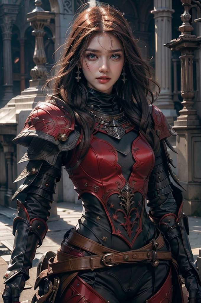 a close up of a woman in a costume with a sword, redhead queen in heavy red armor, a very beautiful berserker woman, female redhead templar, dungeons and dragons character, barbarian woman, north female warrior, shallan davar, very beautiful female barbarian, north adult female warrior, portrait of a barbarian woman, barbarian warrior woman, d & d fantasy character,cereza, 1girl, solo, glasses, blue eyes, gloves, ribbon, (bodysuit:1.2), (face focus:1.5), feathers, mole under mouth, future city background, (realistic:1.2), (realism), (masterpiece:1.2), (best quality), (ultra detailed), (8k), (intricate), (85mm), light particles, lighting, (highly detailed:1.2), (detailed face:1.2), (gradients), sfw, colorful, (detailed eyes:1.5), (detailed background), (rule of third_composition:1.3), (Line of action:1.2), beautiful face, highly detailed face, highly detailed skin, skin pores, subsurface scattering, (realistic), full face blush, full lips, detailed background, depth of field, volumetric lighting, sharp focus, absurdres, realistic proportions, good anatomy, (realistic, hyperrealistic:1.4), 16k hdr,"Describe the facade of a woman who presents herself as malevolent but harbors hidden vulnerabilities. What lies beneath the mask of evil, and is redemption possible? big green eyes red and black outfit,
