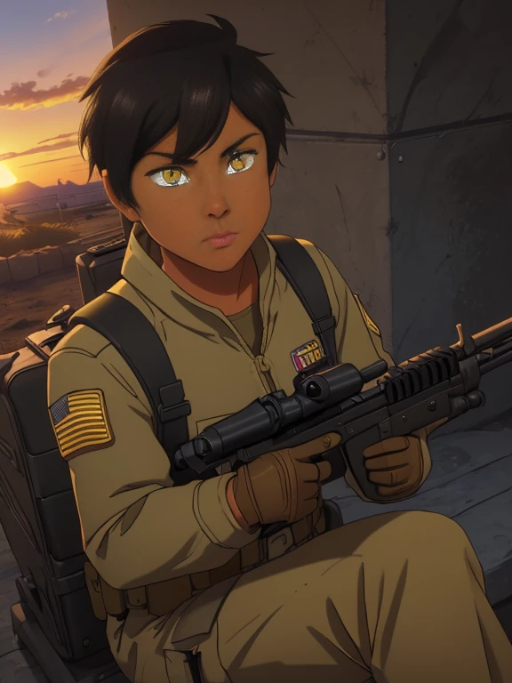 (26 year old:1.3), (tanned bronze skin:1.4), (Yellow colored eyes:1.4), (Short Black Hair:1.3), (Wearing: USA marine corps uniform, camouflage military uniform, armor and gloves), army girl, soldier girl, infantry girl, (sunset :1.2),(Sitting with hands holding a rifle:1),(surprised), highest quality, ultra-high resolution, absurdity, realistic, physically based rendering, cinematic lighting, complex and cinematic appearance, cinematic soft light, soothing tone, dynamic angle
