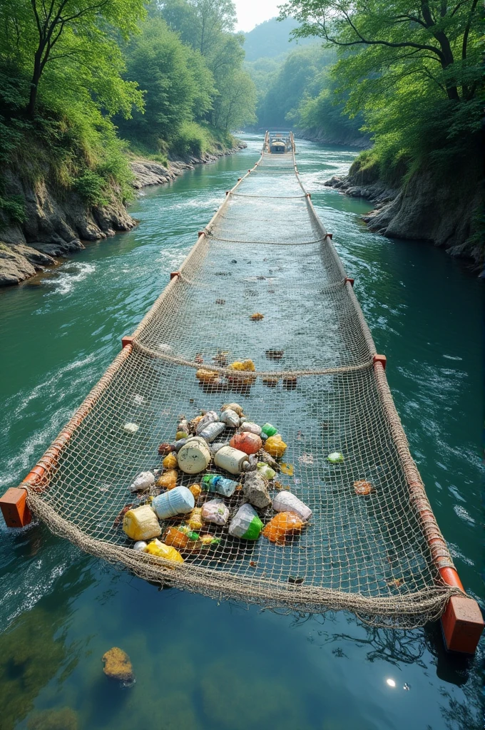 Make me a design of a net made of plastic in a river collecting garbage