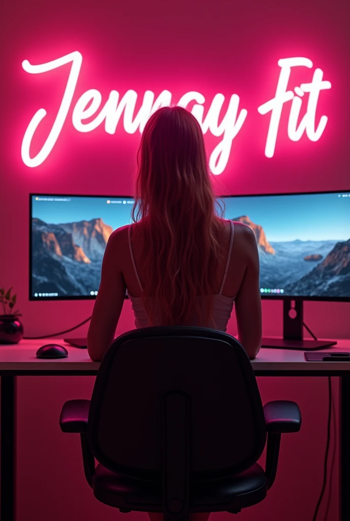 Il y a une femme assis à un bureau avec deux écrans d&#39;ordinateur., éclairage rose et , Post-production 8k, Post-production 8K, Éclairage rose , Post-production 8k, Post-production 8K, composition, Cyberpunk Clay, avec éclairage cinéma, éclairage aux couleurs cinématographiques, Rendu 3D 8K tir, Portrait pris en 8K avec le logo de "Jennay fit en rose "