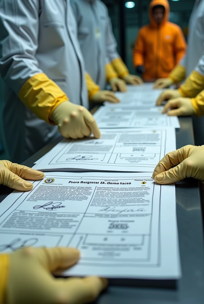 Nuclear power plant documents in Portuguese signed by nuclear power plant workers proving that their clothing has undergone a strict decontamination protocol