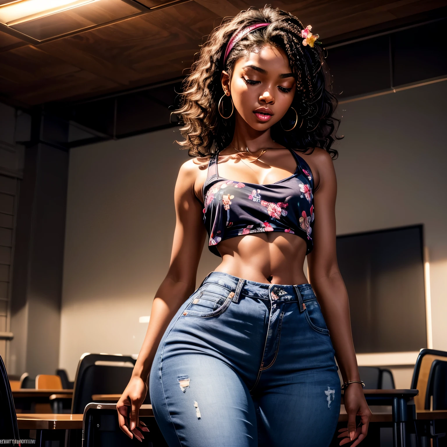 Masterpiece, high quality, 1, high resolution, volumetric lighting, subsurface scattering, 8k, Beautiful woman, (dark skin), phillipino, college student, uniform, (floral top, jeans), cleavage, wavy hair, headband, hoope earings, classroom, sexy pose, seductive pose, ((slim thick body:1.2)), thick thighs, round-butt, open mouth, big lips, screaming, orgasm, night time, eyes closed, Masterpiece, Professional lighting, 16k, 8k wallpaper, raw photo, photorealistic:1.8, ultra detailed, natural lighting