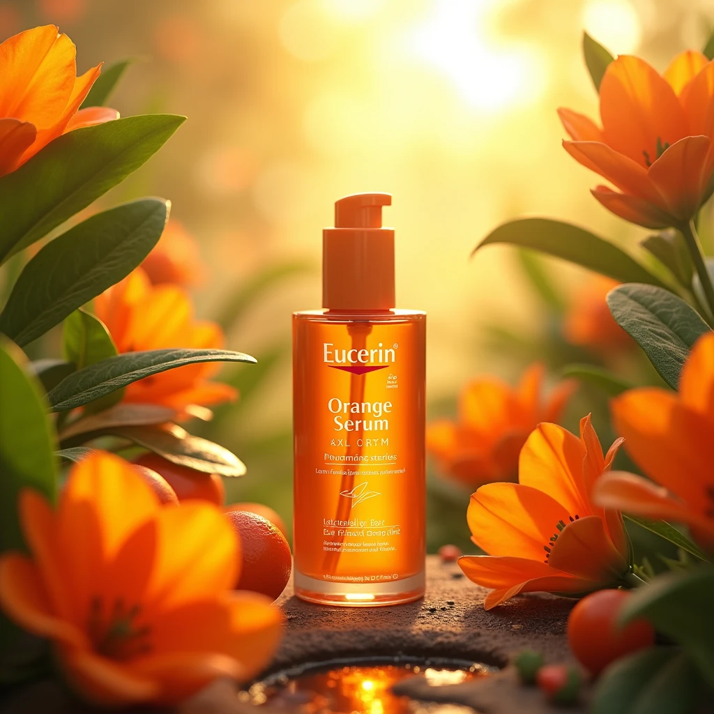 Eucerin brand orange serum in orange nature with a radiant light