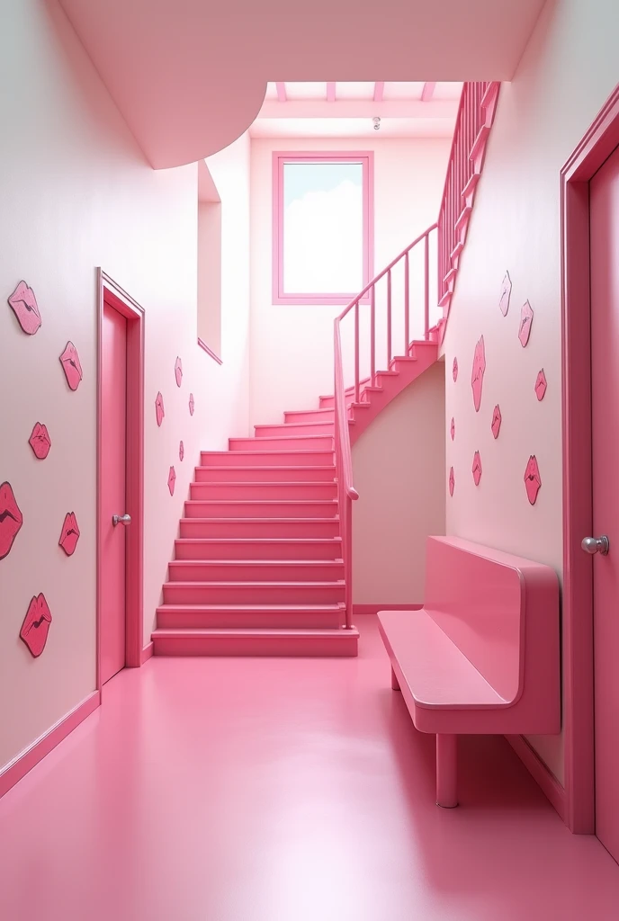 (photorealism:1.2) 
Looking up a pink school staircase in a pink and white classic school From the pink classic school hallway, 
 Along the hallway there are some There's a long pink bench along the hallway, there are many drawings of 💋 can be seen on the walls,
high resolution, masterpiece, best quality, intricate details, highly detailed, Hiperrealistic