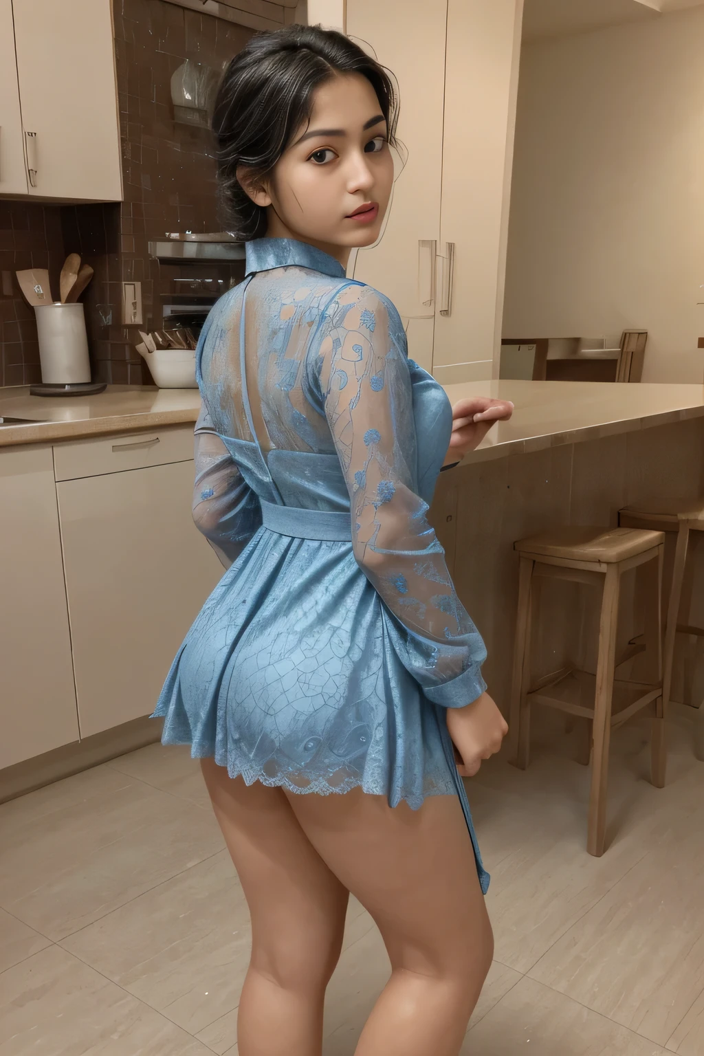 1 girl, High resolution 1.2, (8k, RAW Photo, Best quality, Masterpiece), (realistic, photo-realistic:1.4), Ultra detailed, round face, kitchen in background, sexy, short height, beautiful girl、 detailed kitchen、(realistic black eyes:1.3), indian girl with short fine black hair:1.3, short fine black hair:1.3, bun_head,,, flowing short black hair:1.3, Realistic skin tone, soft mouth, short black hair, very pretty, realistic faces、(8k、raw photography、premium 、masterpiece:1.2)、(realistic、photorealistic:1.37), ((wearing red long sleeve shirt:1.1)), ((wearing light blue lace suit dress)),  pink shoes, different realistic poses (cleaning the floor), ((15 year old girl, ()), (( a picture of a beautiful  indian girl)), ((fit body)), ((rear body shot)), buttock crease, buttock facing camera, the contour of the buttock clearly visible, split your leg, ((plump short body)), ((height:150 cm))