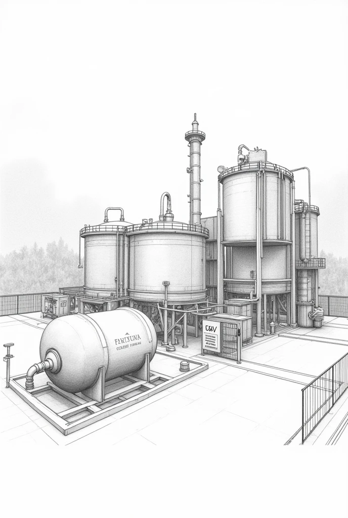 Drawn using pencil 1. **Start by drawing the basics of the storage area.**:
- Draw a rectangle to show the total storage space..
- Add a fence around the area by drawing horizontal and vertical lines to form a fence..
2. **Drawing of chemical tank**:
- Draw the tank as a cylinder, you can draw small curves at the top and bottom of the cylinder to show the curves..
- Arrange these tanks horizontally and vertically as shown in the sample image..
3. **Add structural details**:
- Draw the roof or structure that covers part of the storage area..
- Draw stairs and shelves for bins in the storage area..
4. **Put up a warning sign**:
- Draw various warning signs as seen in the picture, such as signs "No Smoking" And signs "Flammable".
- Use lines and rectangles as the basis of the sign..
5. **Draw protective gear**:
- Draw a small cylindrical fire extinguisher and attach it to the fence wall..
- Draw a leak prevention sheet under the chemical tank..
6. **Add other details**:
- Draw the floor in straight and vertical lines to make it look like a concrete floor..
- Add details to trees or background to make the image look more realistic..