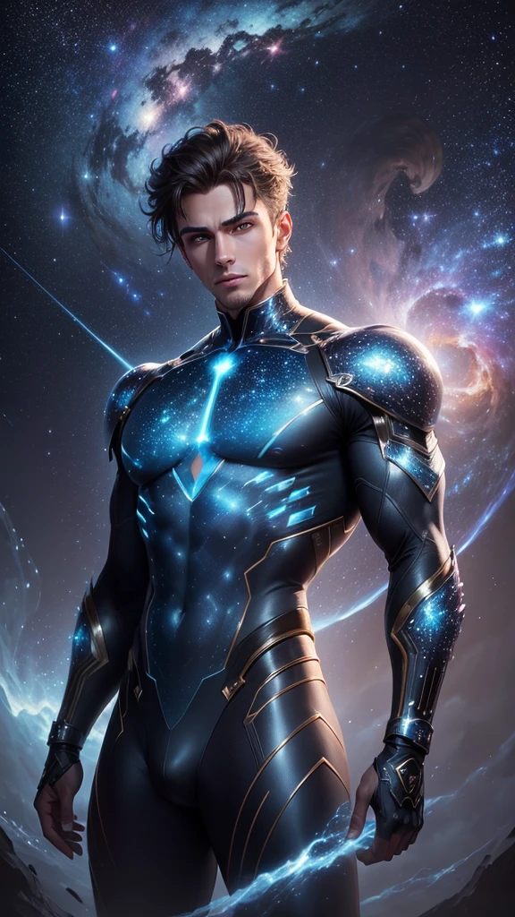 (masterpiece, high resolution, detailed:1.3), a mesmerizing depiction of a (strikingly handsome young man:1.2) donning (wearing transparent see-through futuristic clothes, bulge:1.2), standing against the backdrop of the vast and mysterious cosmos, breathtaking grandeur, LED internal lighting, cyberpunk style, fibre optic hair, glowing blue iris, muscular, best quality, masterpiece, His (toned physique:1.2) is bathed in the soft glow of distant stars, creating an otherworldly aura. As he gazes out into the depths of space, his (intense blue eyes:1.2) reflect the wonder and curiosity of his cosmic journey. The intricate details of his attire and the (subtle gleam:1.2) on his skin are meticulously captured, lending an air of realism to the scene. The celestial expanse behind him is a tapestry of (nebulous formations:1.2), (dazzling galaxies:1.2), and (shooting stars:1.2), a breathtaking testament to the beauty of the universe. This artwork melds the allure of a beautiful man with the awe-inspiring vastness of space, evoking a sense of both intimacy and grandeur. intricate details, dynamic pose, dynamic angle, (surreal), (illustration), ((oil painting \(medium\):1.2)), sharp focus, soft lighting, vibrant colors, cinematic photography, dynamic angle, volumetric lighting, film grain, hard shadows