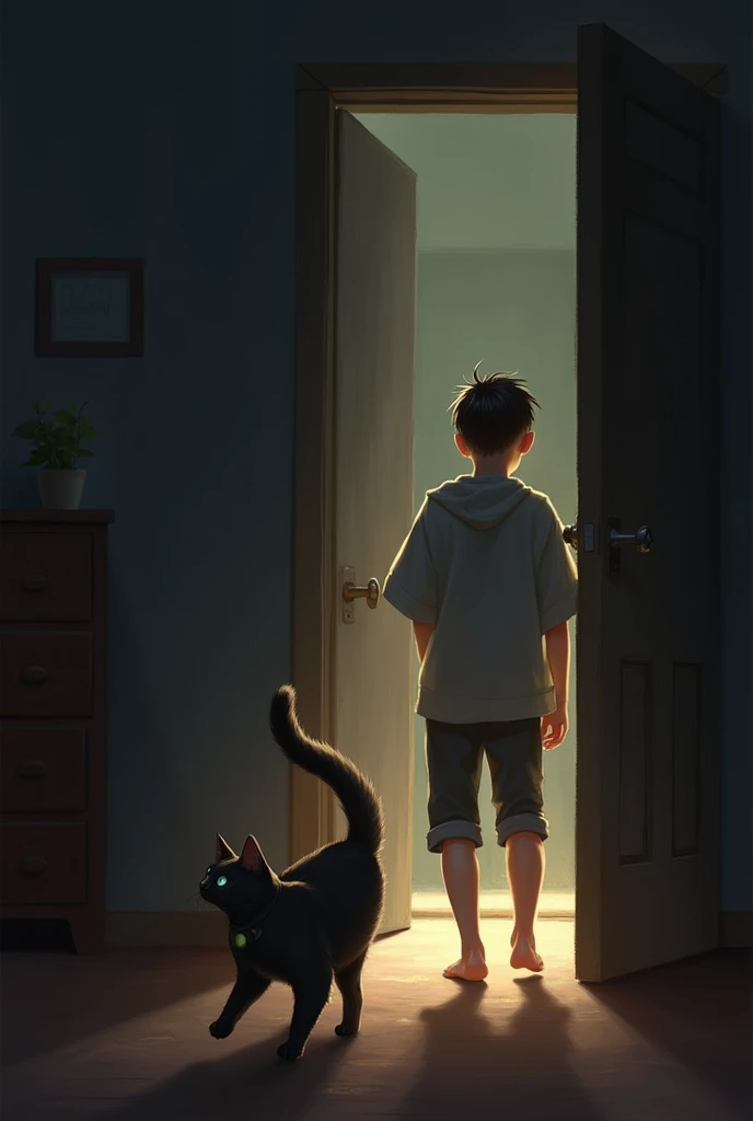 A cat anxiously waits by the door for its owner who is coming home later than usual. The cat paces restlessly at the entrance, and as the door opens, it greets the owner with a relieved expression. The owner returns home tired, realizing the cat had been worriedly waiting. The room is dimly lit, filled with the relief of their reunion.