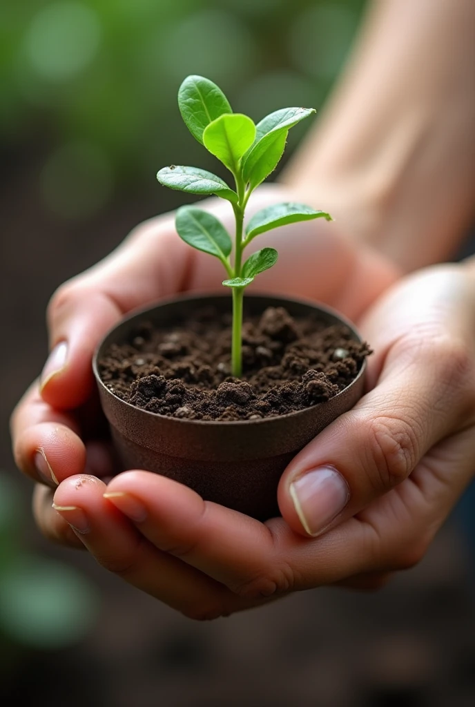 Picture of my hand I'm holding a soil with plant infront of me
