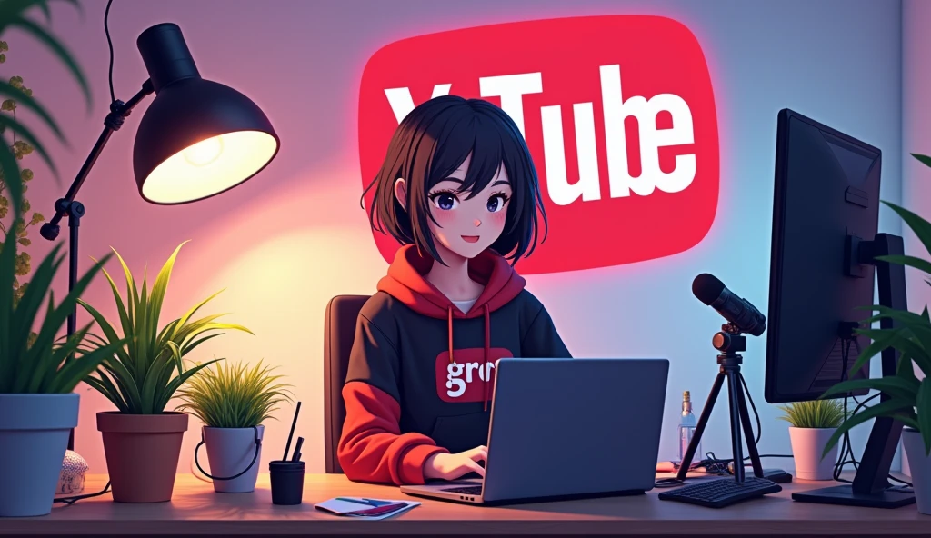 Create a image of "A 18 years anime girl sitting in front of a computer desk with a microphone and laptop, wearing black and red hoodie with the Channel Name on it "GRO". The background includes a large YouTube logo on the wall, potted plants on either side, and various recording equipment."