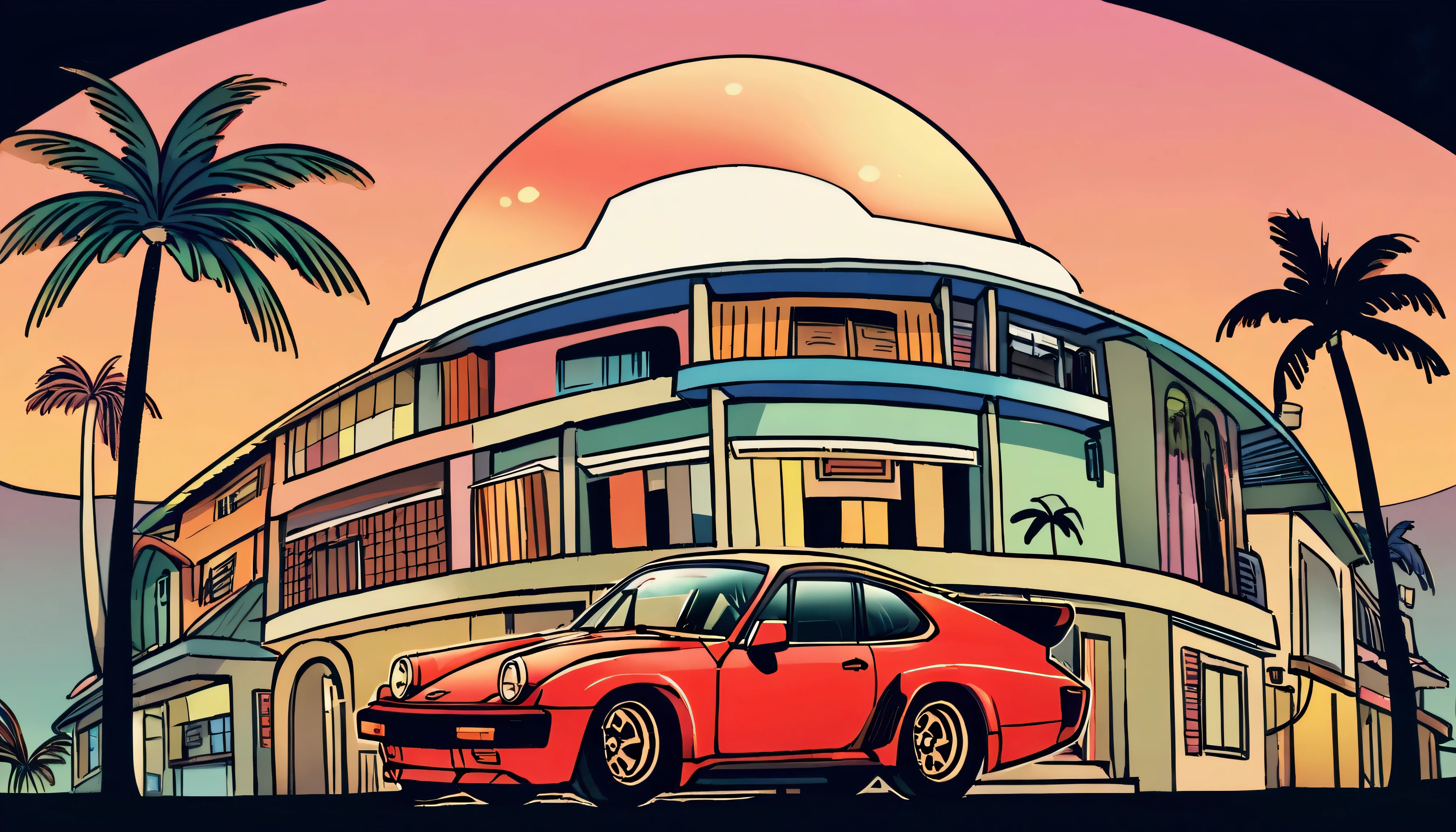 ((ＴShirt Design)), 1983 Porsche 924, Sunset background, Palm tree, Layers with 5 colors, Corner of the street, Berek's drum, Plethean, 