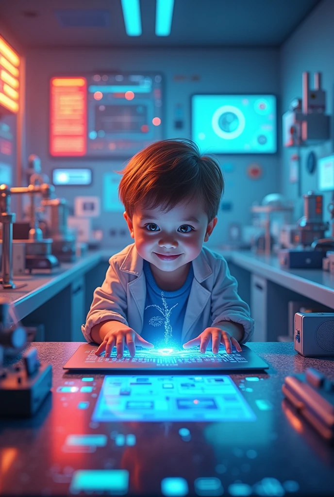 Cover for computer notebook design , cheered up. Child in systems laboratory