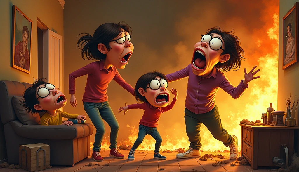 Funny faced family burning in home