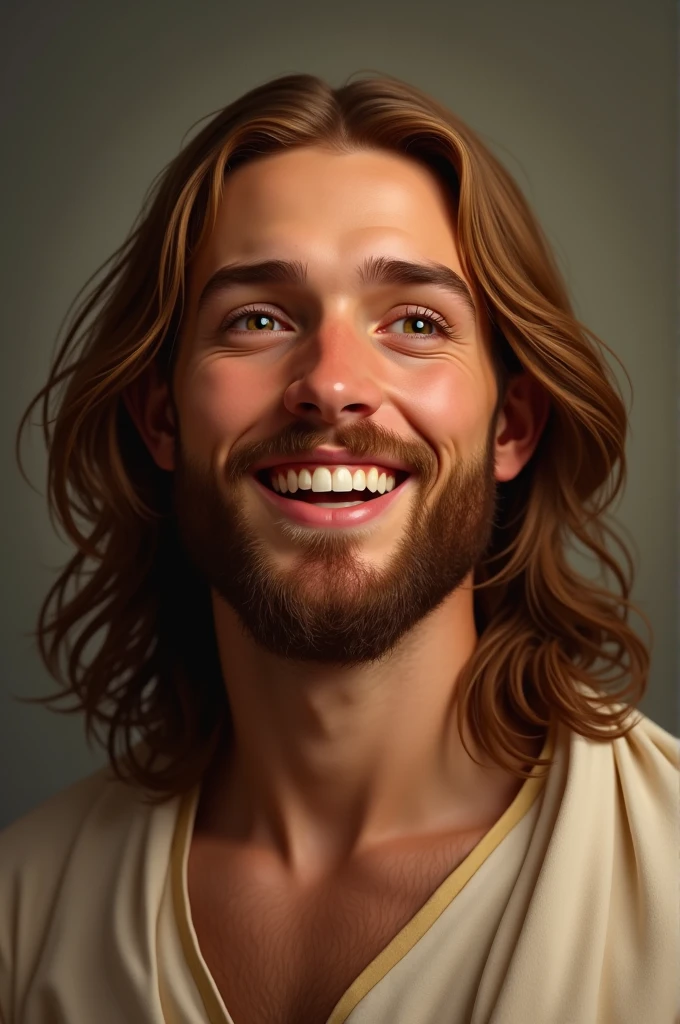 Happy Jesus Christ, Youngh, chestnut hair, realistic styling