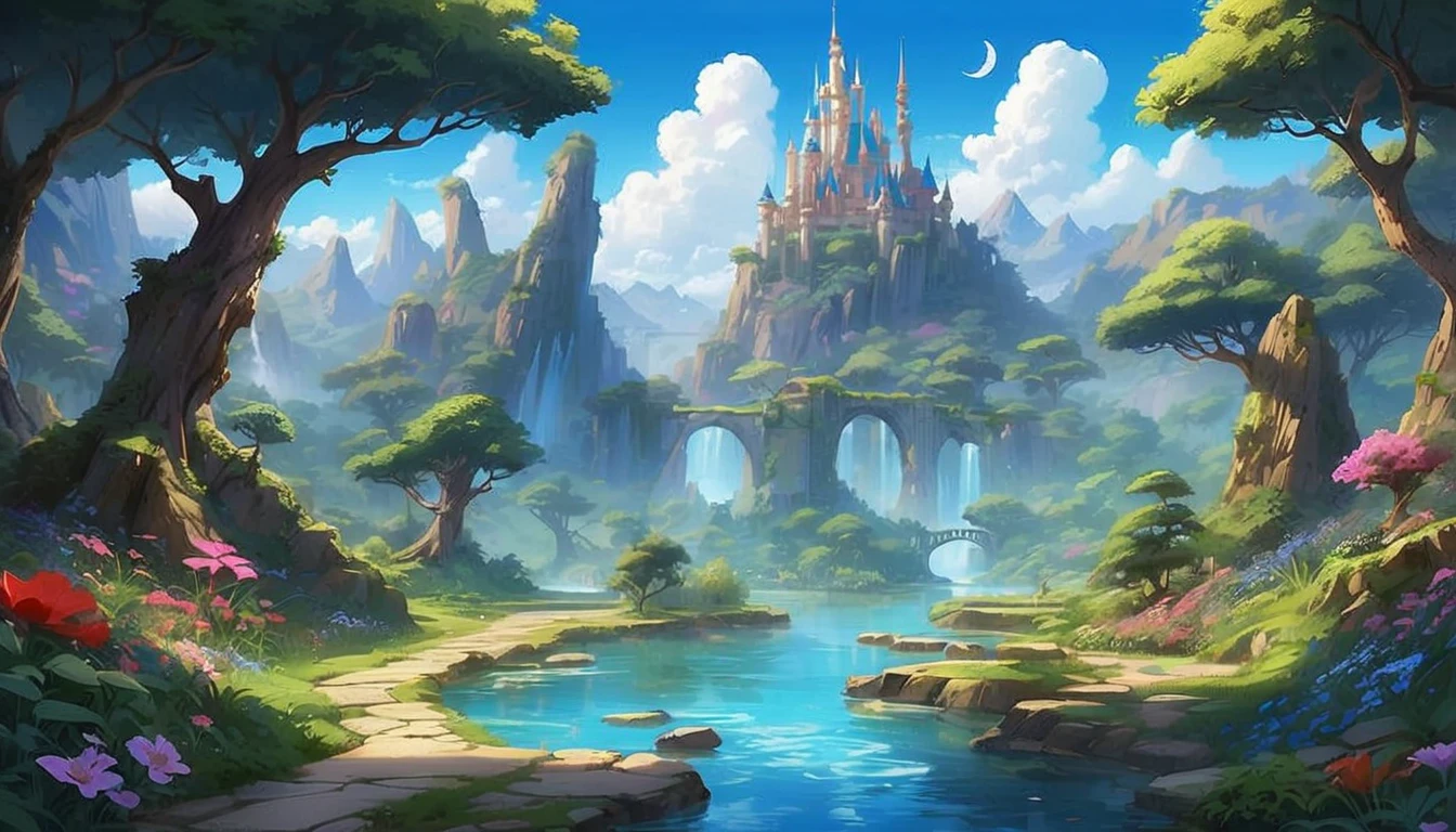 masterpiece, best quality, number, illustration, Anime style background, landscape, a castle in the middle of a forest, fantasy art, fantasy scenic, fantasy art landscape, fantasy castle, fantasy art style, fantasy landscape, impressive fantasy landscape, magical landscape, river