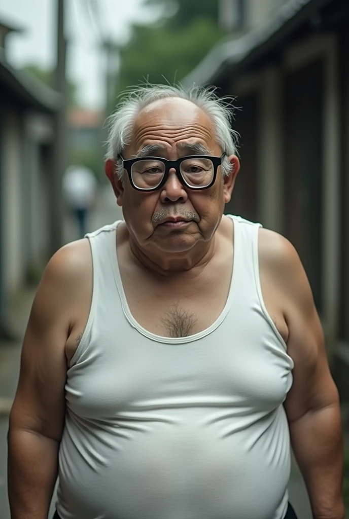 Old man, fat, glasses, loser, Japanese, white tank top