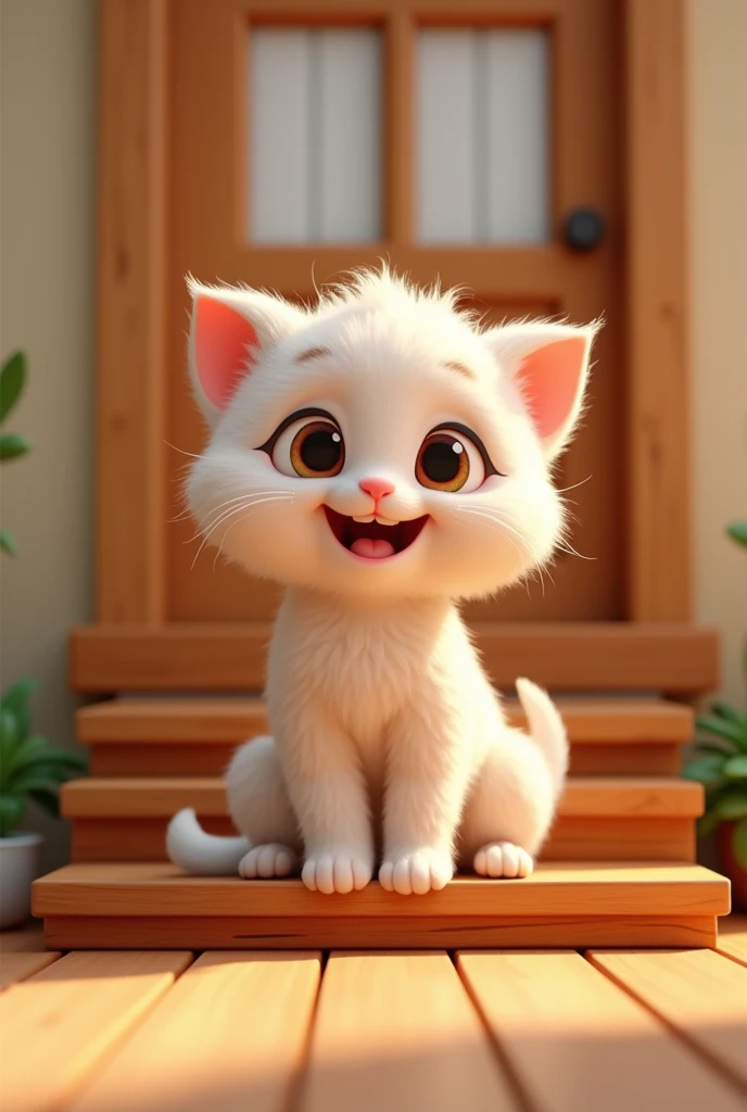 masterpiece,best composition,3d character,cartoon style,happy kitten,wooden stairs of a house,cat sitting on each step,cute,soothing.