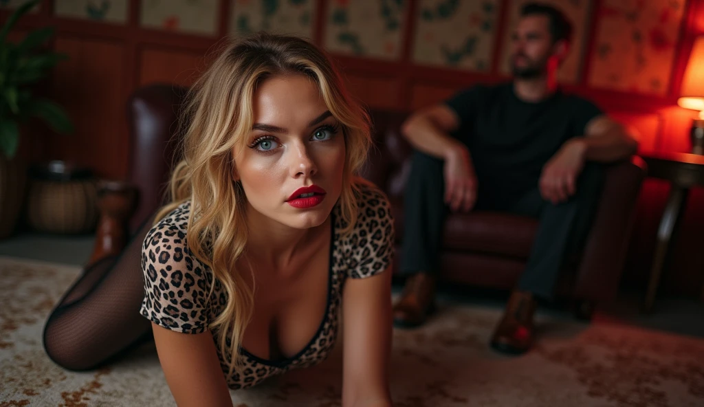 beautiful girl with Nordic features, upturned nose, blue eyes, red lipstick, leopard-print t-shirt with wide neckline and transparent parts, leggings made with laces that reveal a purple thong, swap couple club, husband sitting on the sofa, doggy style pose on all fours with eyes facing upwards and mouth open, viewed from above, other man look she