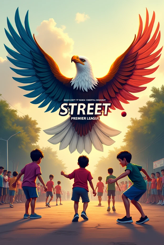 Create a logo with open wing eagle and PUT name STREET PREMIER LEAGUE AND ADD CHILDREN PLAYING CRICKET with cricket bat and ball in Indian cricket street and add board and name YUSUFF riyan nahid mujahid