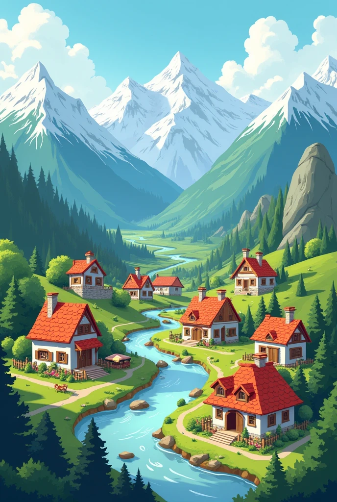 A small village in the mountains make it cartoonist