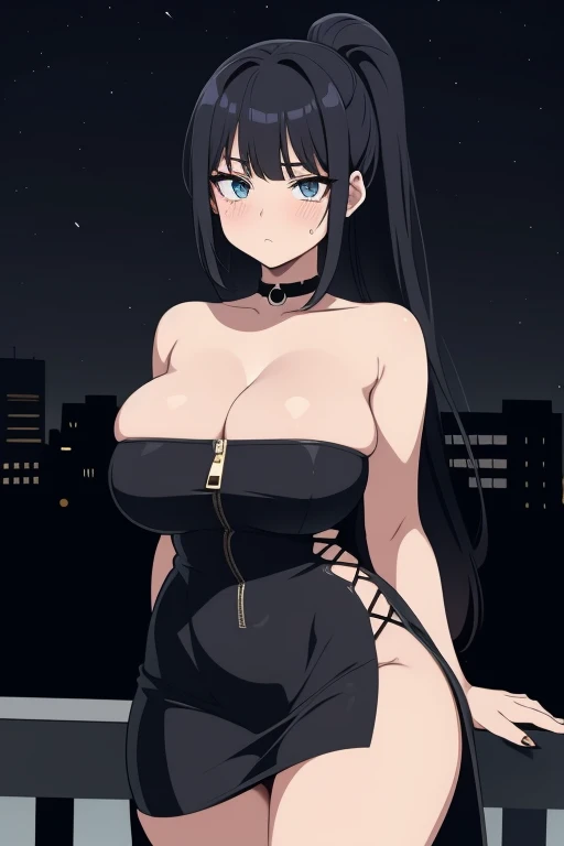 20 year old woman, busty, huge tits, round breasts, bubble butt, hourglass figure, skinny, blushing, panicked expression, horny, seductive, black hair, long hair, bangs, ponytail hair, wearing wearing tight black dress, choker, high heels, tight fitting clothing, cleavage, anime, city at night, outside, punk, punk style, punk hair, doujin style, manga, flat colours, 2d manga, strapless dress, bare arms, bare shoulders, zipped dress