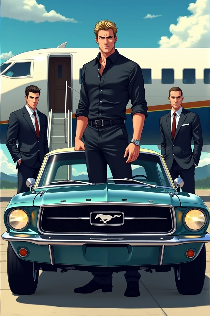 Generate me like anime with neat face and body with black shirt and pant and i should be on the steps of aeroplane and gt mastang 1967 should there in front of aeroplane and i want some body guards around me