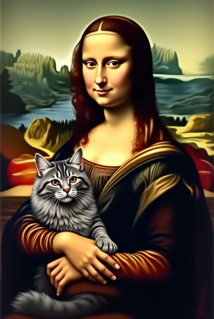 Mona Lisa, with long haired gray tabby cat, black and brown on the lap in 8k
